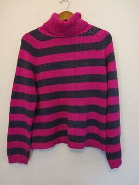 Izod Turtleneck Sweater Womens XL Pink Grey Stripe Preppy Chunky Knit Loungewear